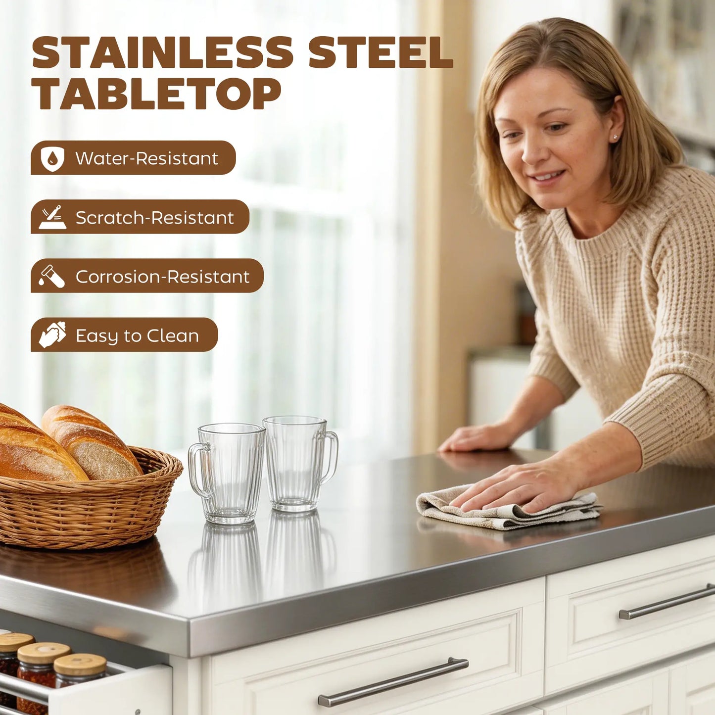 Rolling Kitchen Island with Storage, Stainless Steel Top, Drawers, Cream Kitchen Islands & Kitchen Carts at Gallery Canada