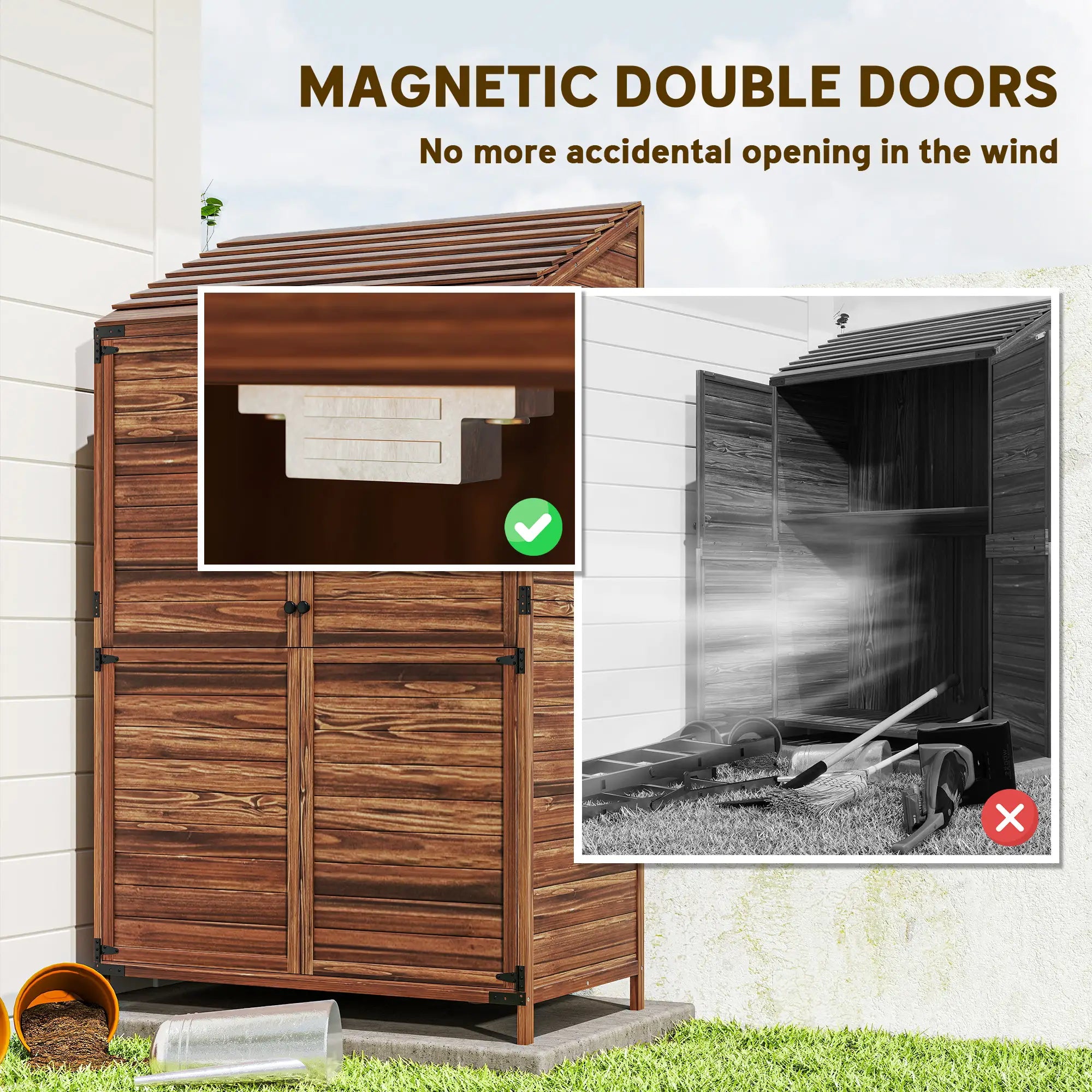 Outdoor Wooden Storage Cabinet, Double Doors with Shelves, Mixed-Brown, Brown Sheds at Gallery Canada