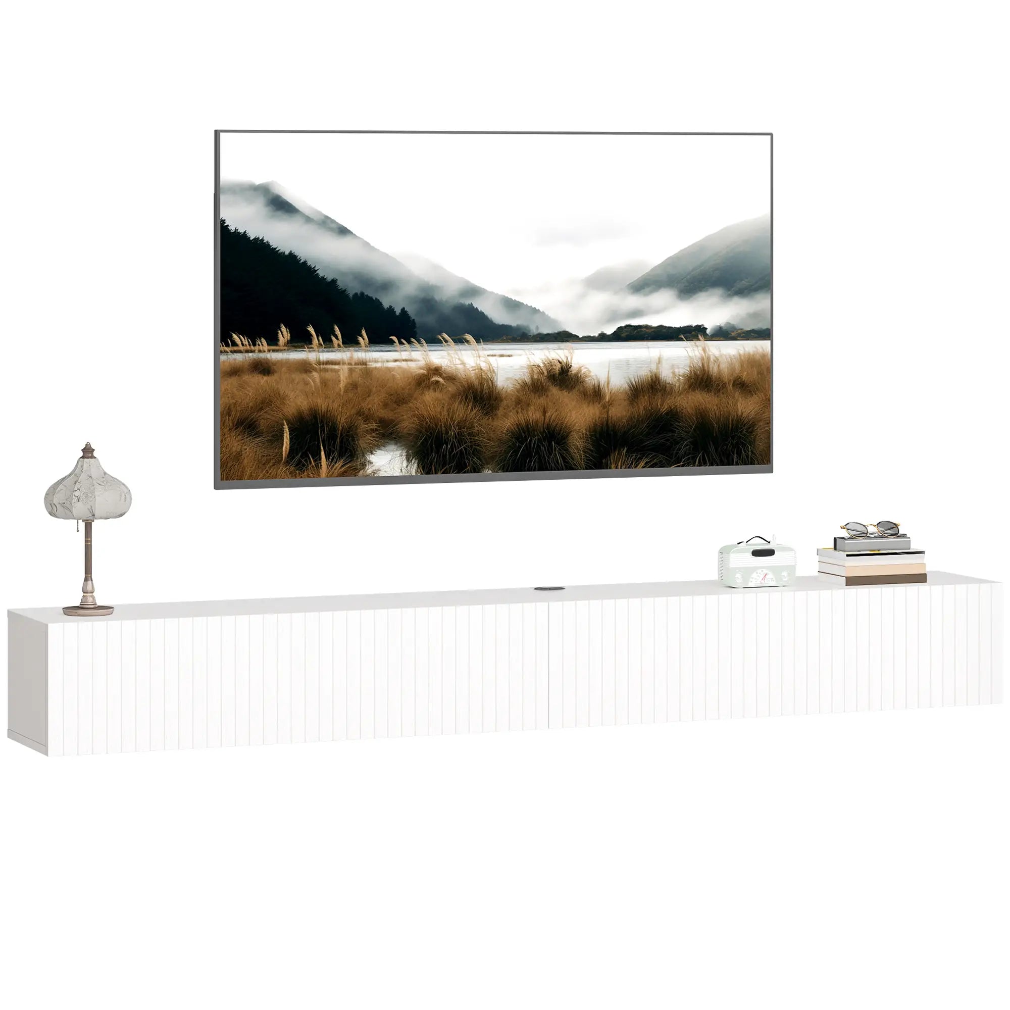 71 Inch Floating TV Stand, Wall Mount Media Console, 2 Fluted Doors, White TV Stands at Gallery Canada