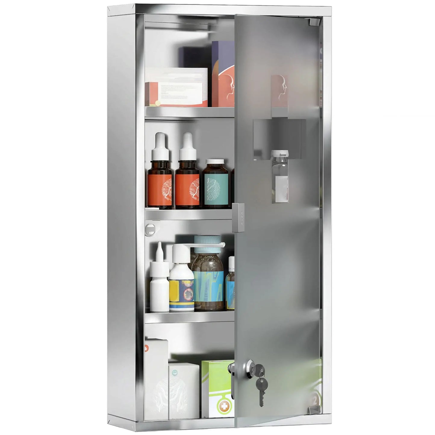 Wall Mount Medicine Cabinet, 4 Tier Shelves, Stainless Steel Frame, Glass Door, Lockable, 12" x 23.5", Silver Mirror Medicine Cabinets at Gallery Canada