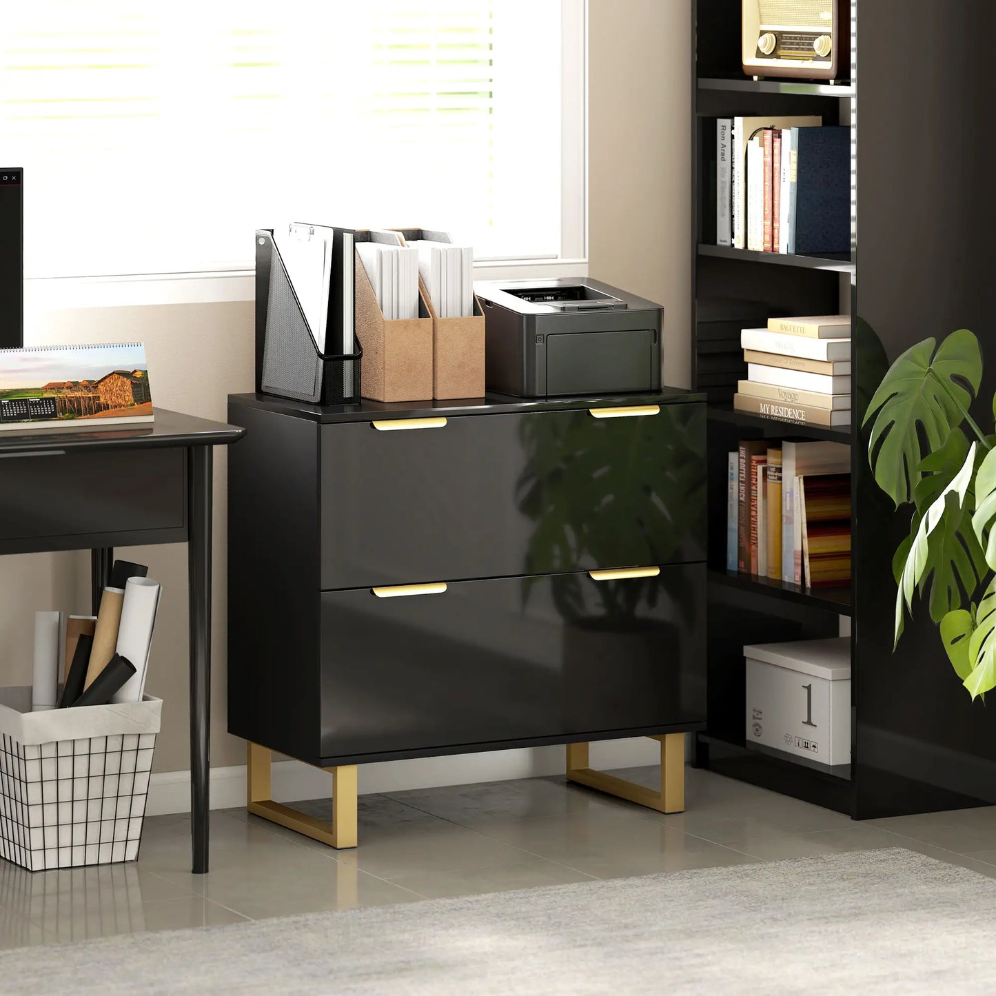 Lateral File Cabinet, 2 Drawers, Letter/A4/Legal Size, High Gloss Black Office Cabinets & Cupboards at Gallery Canada