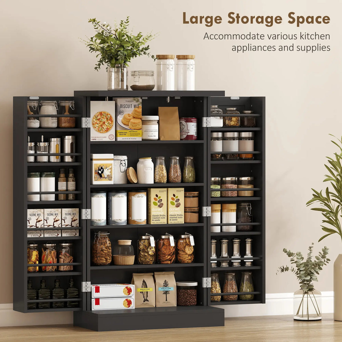 Kitchen Pantry Storage Cabinet, 5-Tier, 12 Spice Racks, Black, Black