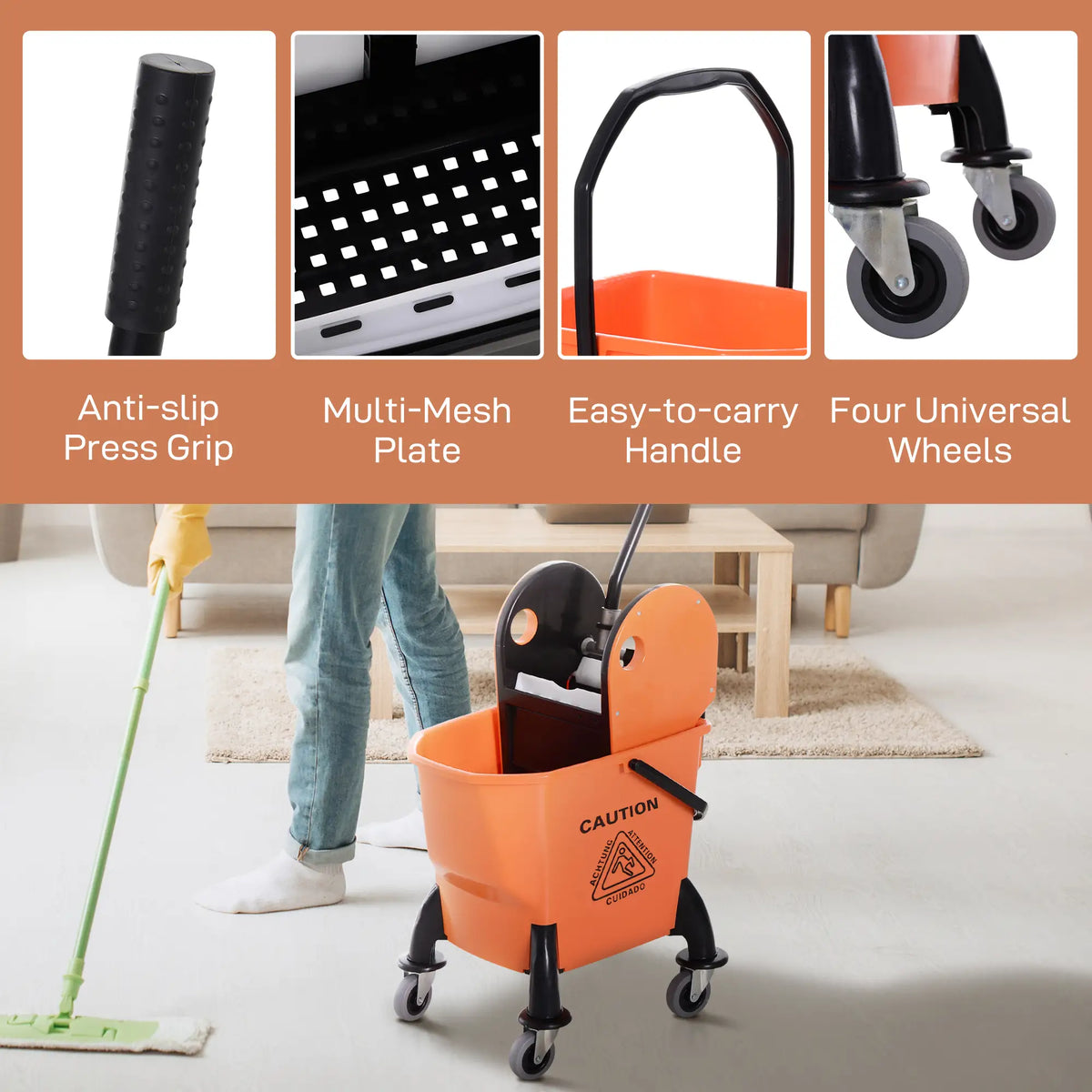 6.9 Gal/26L Mop Bucket With Wringer, Wheels, Handle, Orange Household Supplies at Gallery Canada
