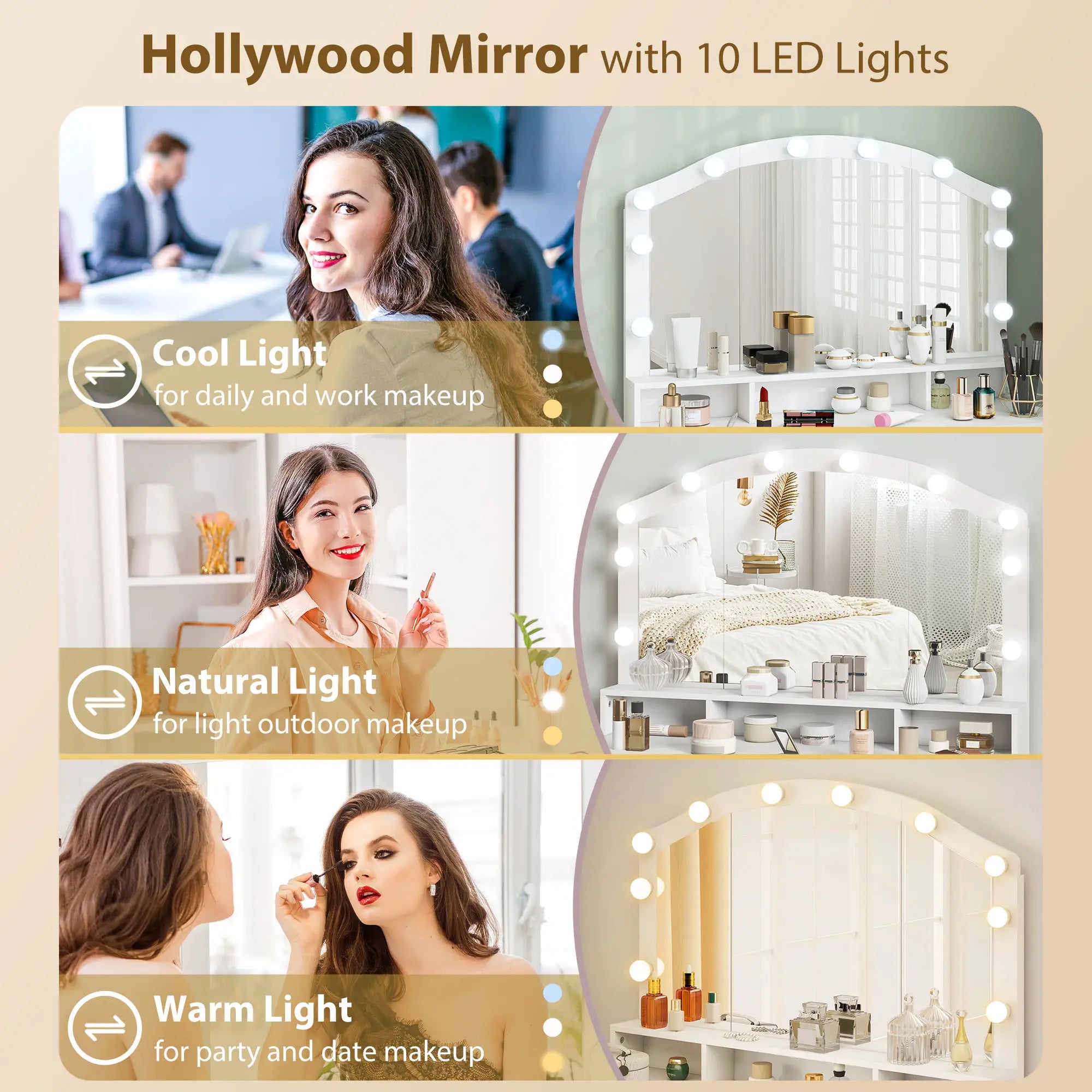 Makeup Vanity with Mirror, 10 LED Lights, 3 Color Adjustable, 7 Drawers, White Dressing & Vanity Tables at Gallery Canada