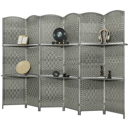 6 FT Privacy Screen, 6 Panel Room Divider With Shelves, Grey
