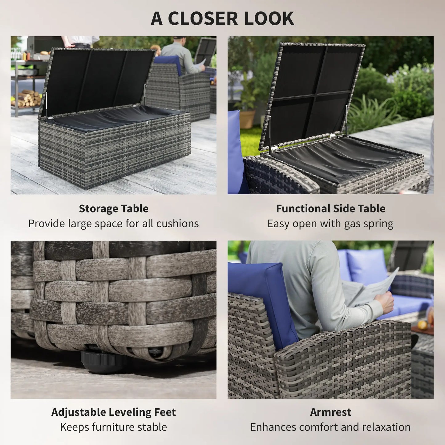 6-Piece Wicker Patio Set with Cushions, 7-Seater Rattan Sofa, Navy Blue Patio Furniture Sets at Gallery Canada
