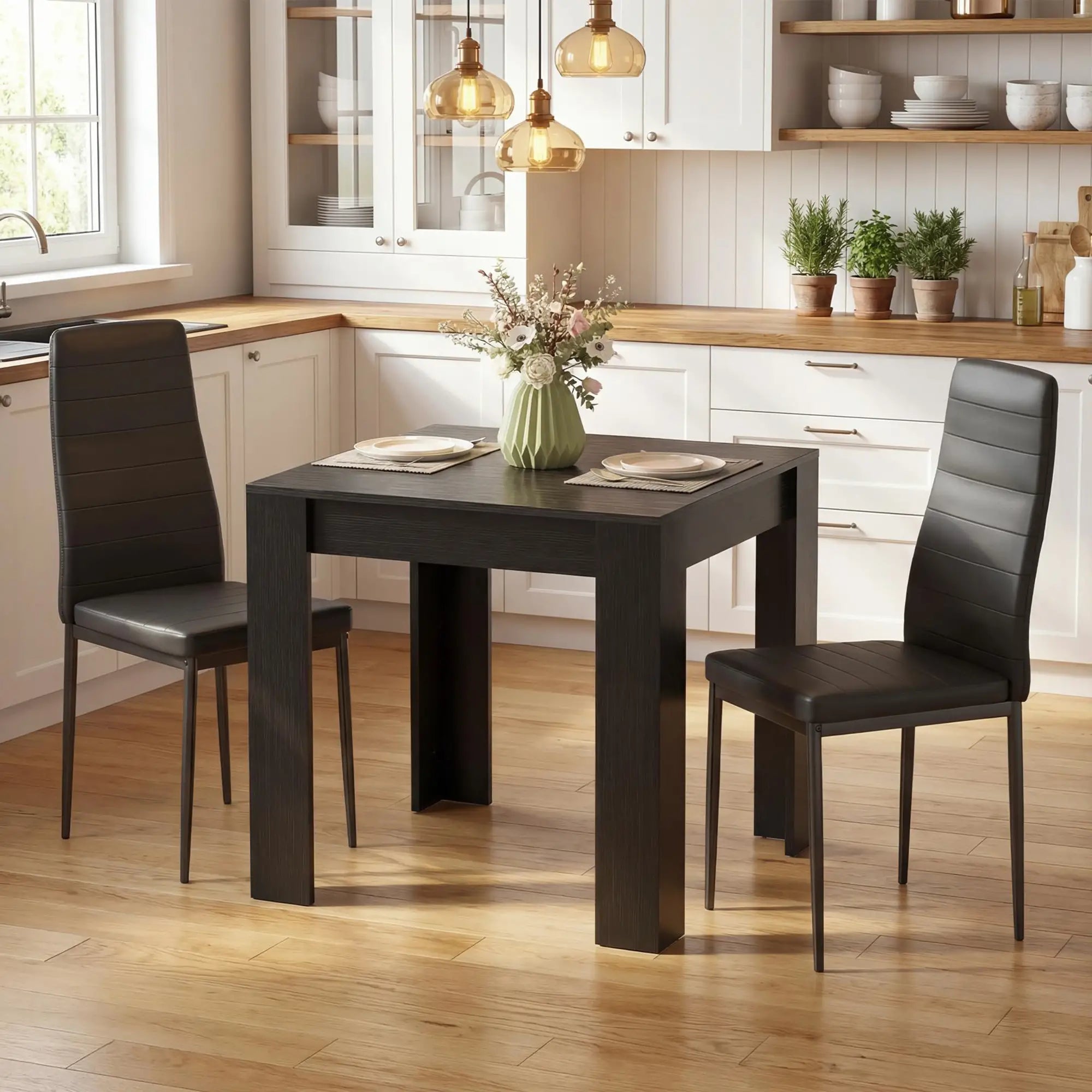 Square Dining Table Set For 2, PU Leather Upholstered Chairs, Black Dining Table Sets at Gallery Canada