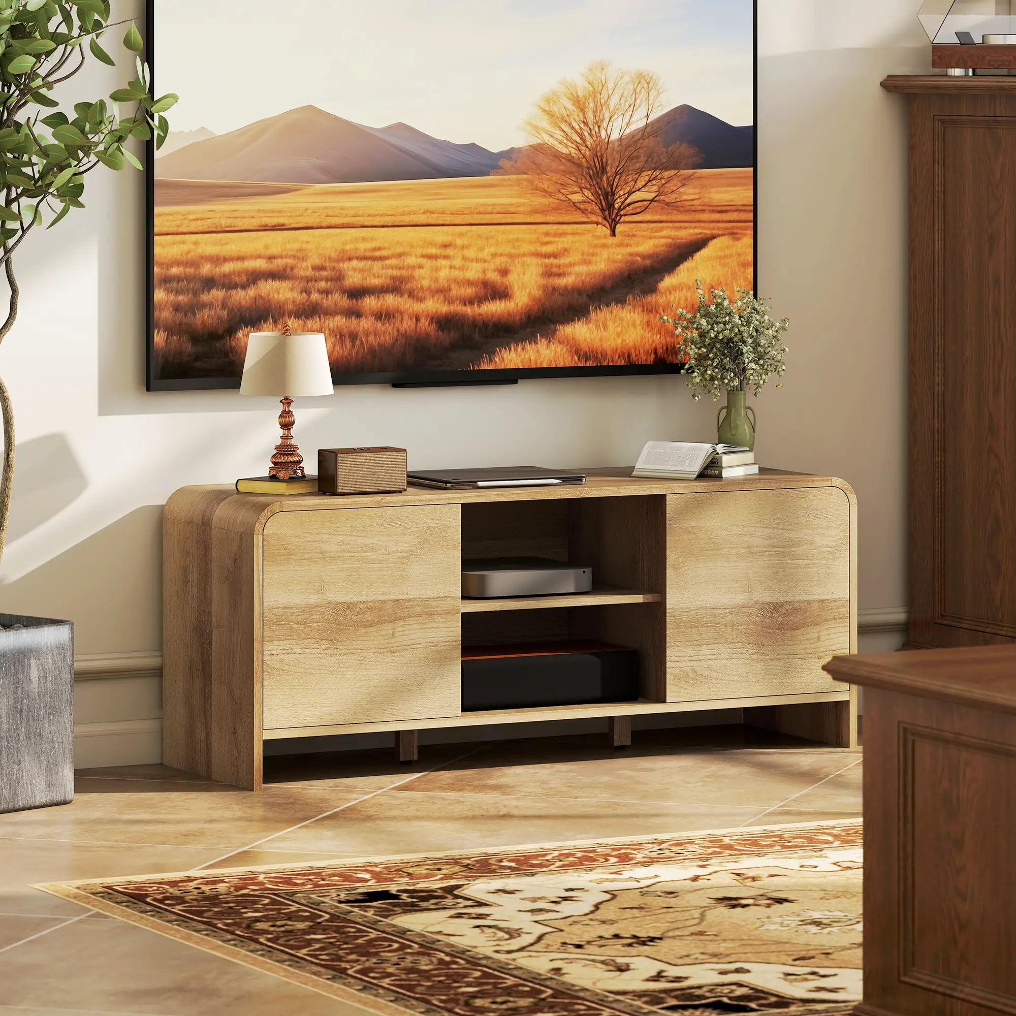 TV Stand For 55 Inch TV, Natural Wood Entertainment Center With 2 Cabinets TV Stands at Gallery Canada