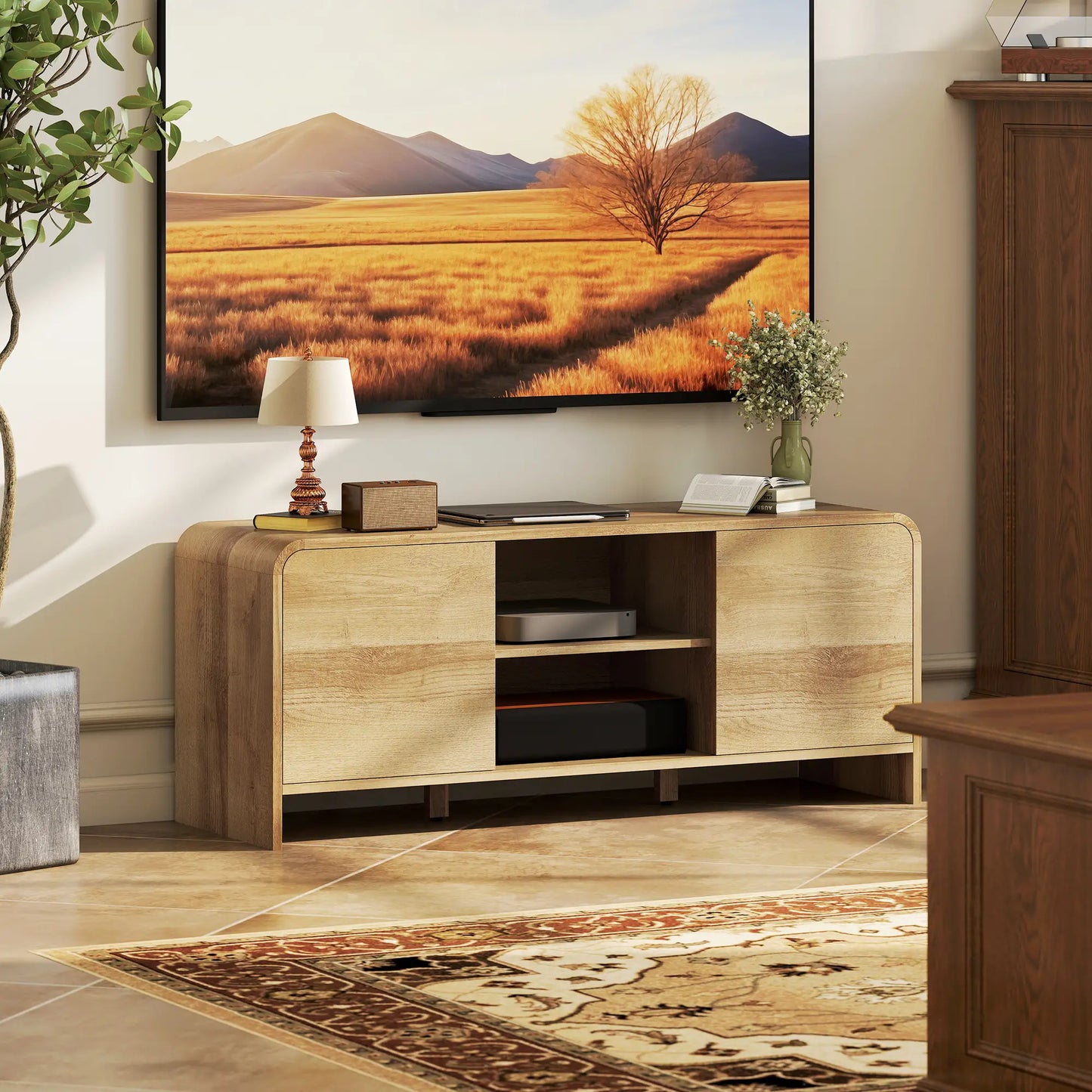 TV Stand For 55 Inch TV, Natural Wood Entertainment Center With 2 Cabinets TV Stands at Gallery Canada