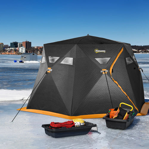 4 Person Insulated Ice Fishing Shelter, Pop-Up Tent with Carry Bag, 2 Doors, Black