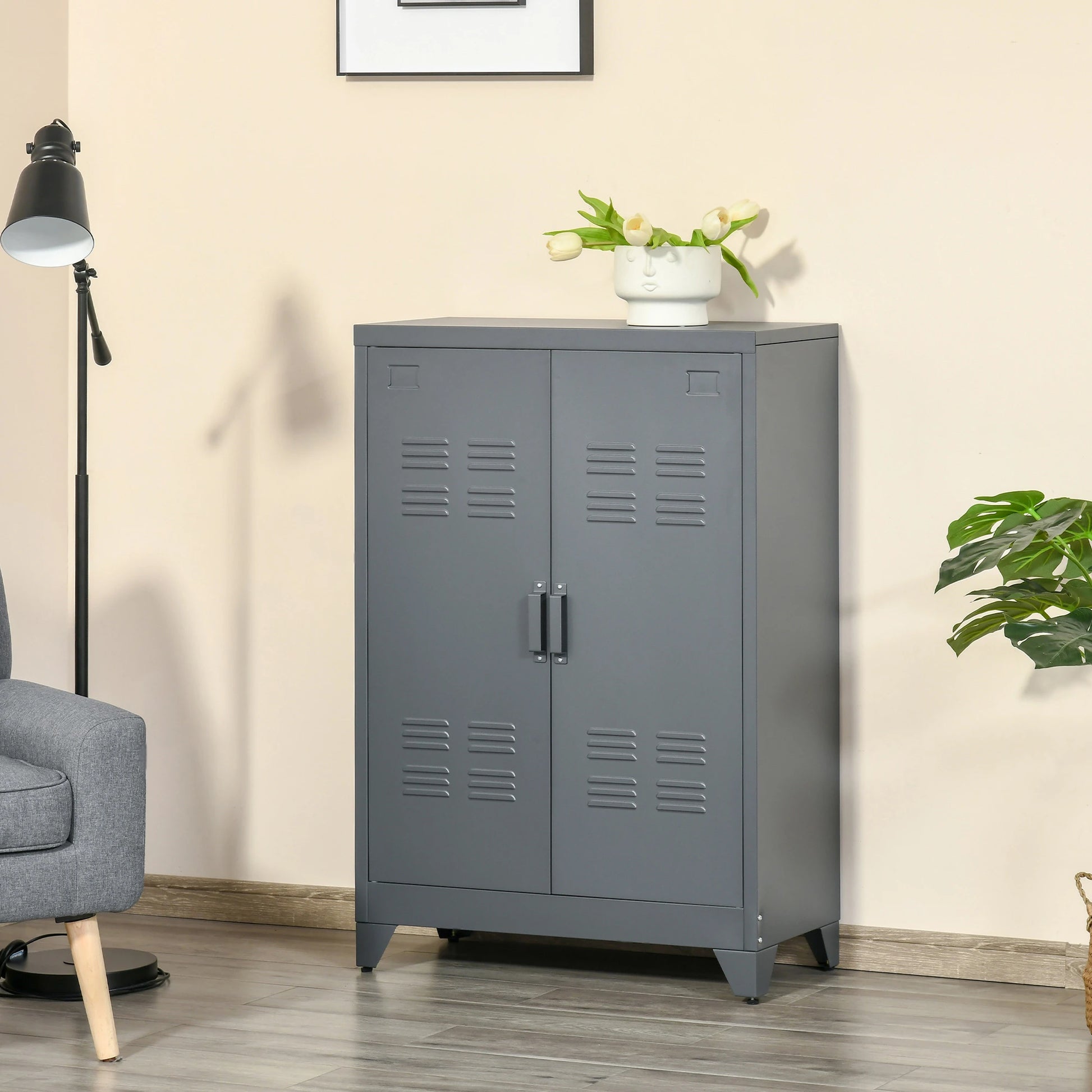 Metal Storage Cabinet, 2 Louvered Doors, Adjustable Shelves, Grey Storage Cabinets at Gallery Canada