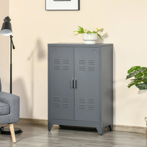 Metal Storage Cabinet, 2 Louvered Doors, Adjustable Shelves, Grey