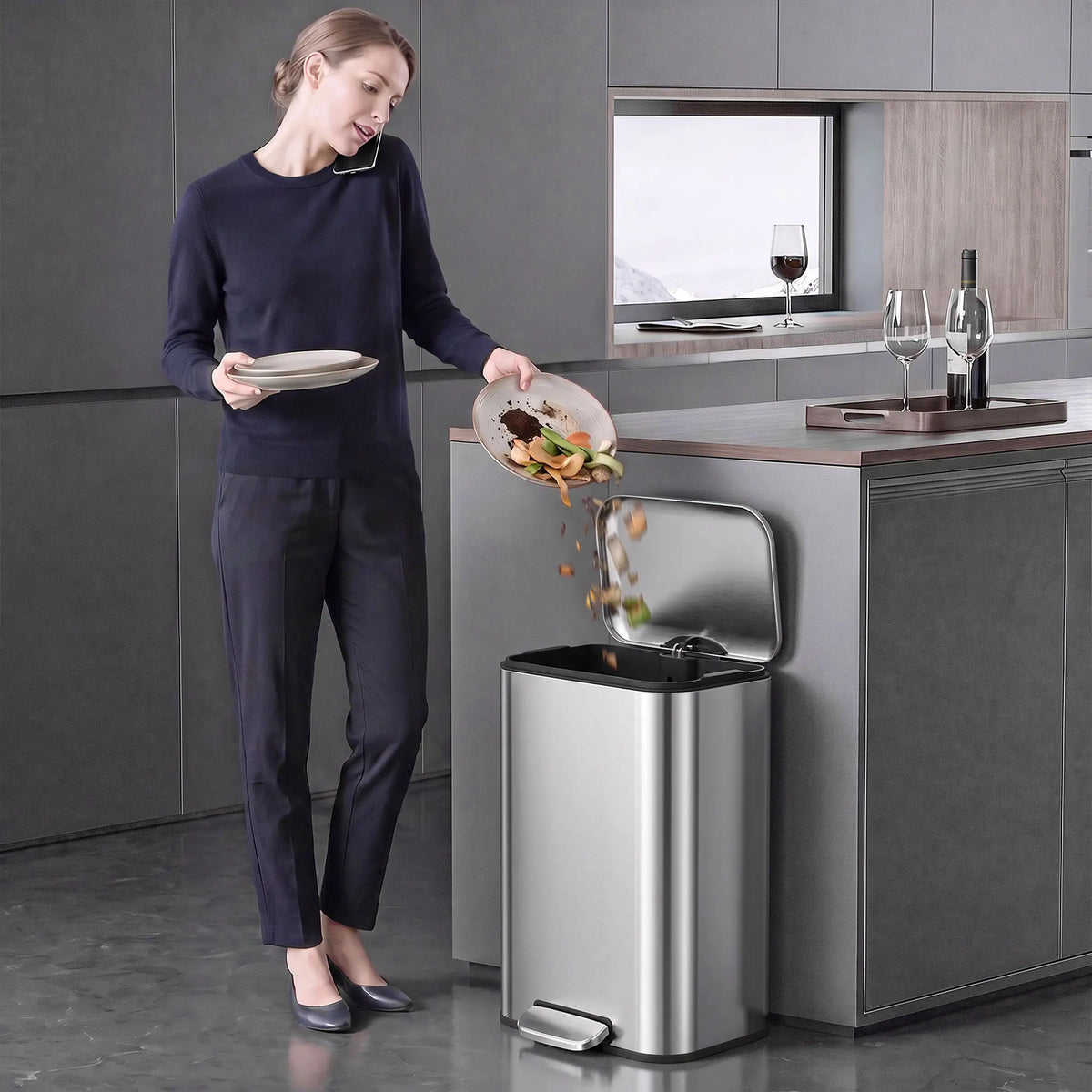 13.2 Gallon Slim Stainless Steel Trash Can, Silver, Silver