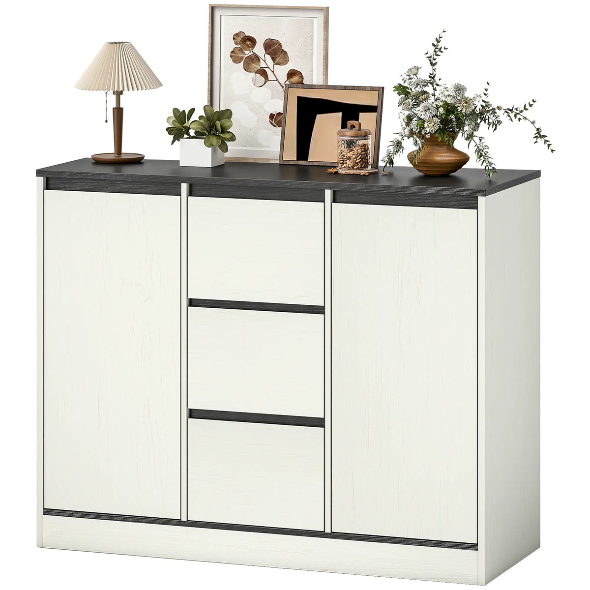 Buffet Cabinet, Soft Close Hinges, 3 Drawers, 2 Shelves, White Wood Grain