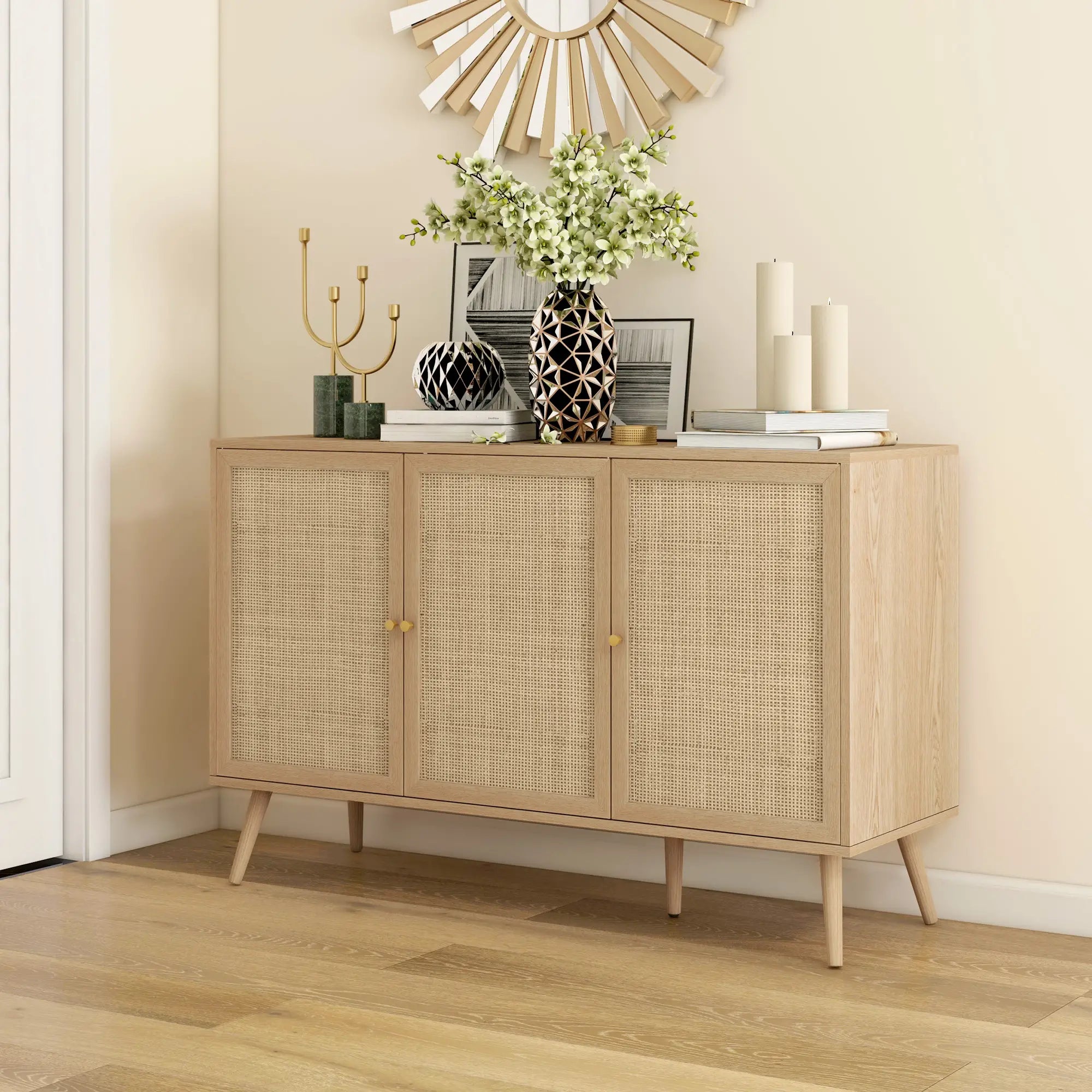 Boho Kitchen Sideboard Cabinet, Shelves, Wood Legs, Rattan Doors, Natural Storage Cabinets at Gallery Canada