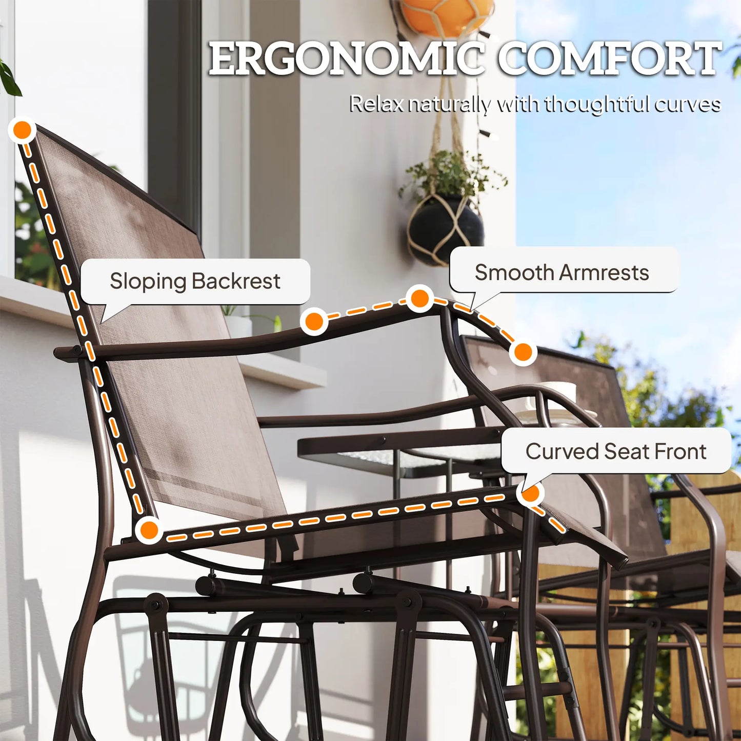 Double Glider Chair, Glass Top Table, High Back, Sling Fabric, Brown Outdoor Gliders at Gallery Canada