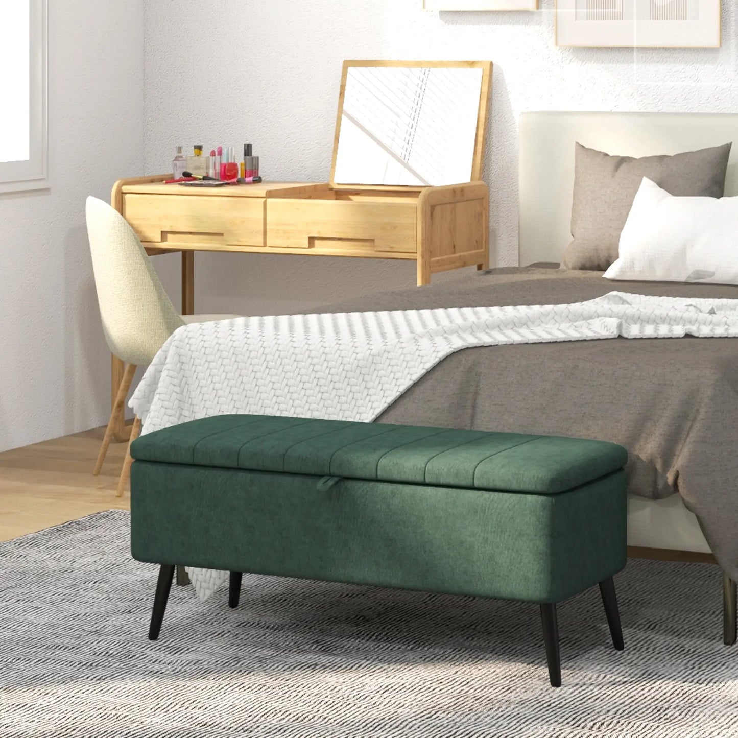 40" Ottoman with Storage, Linen Upholstered Storage Ottoman Bench with Steel Legs for Living Room, Bedroom Dark Green Storage Ottomans & Benches at Gallery Canada