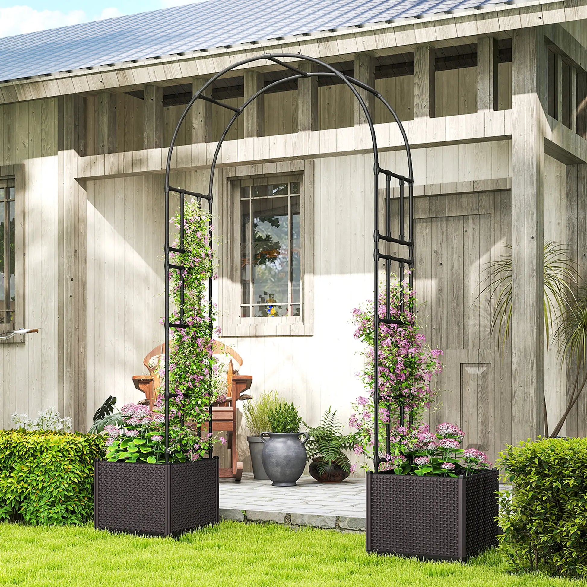 8ft Garden Arch with Planters, Steel Trellis Arbor, Brown, Black Garden Arches at Gallery Canada