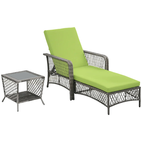 2-Piece Wicker Patio Lounge Set with Cushions, Reclining Chaise Chair, Glass Top Coffee Table, Green