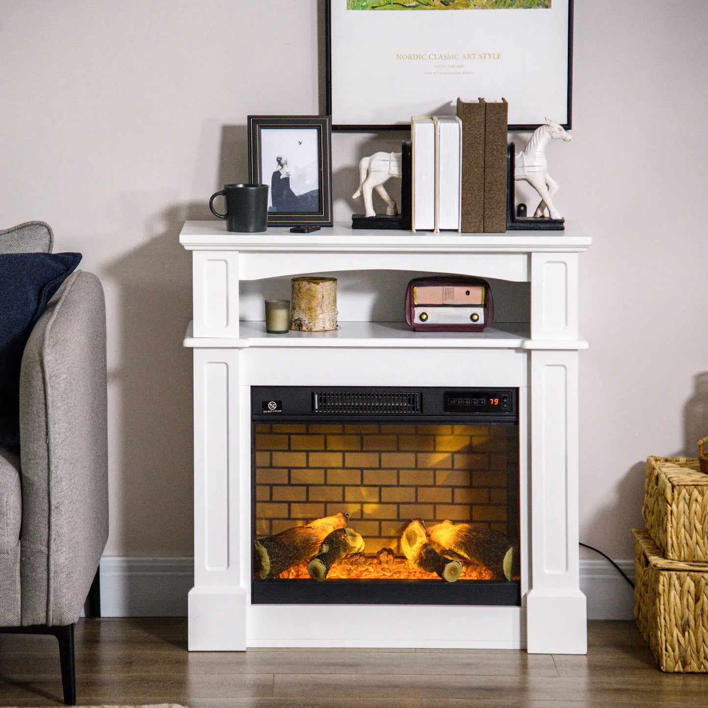 Electric Fireplace With Mantel, Freestanding Heater, 700W/1400W, White Electric Fireplaces at Gallery Canada
