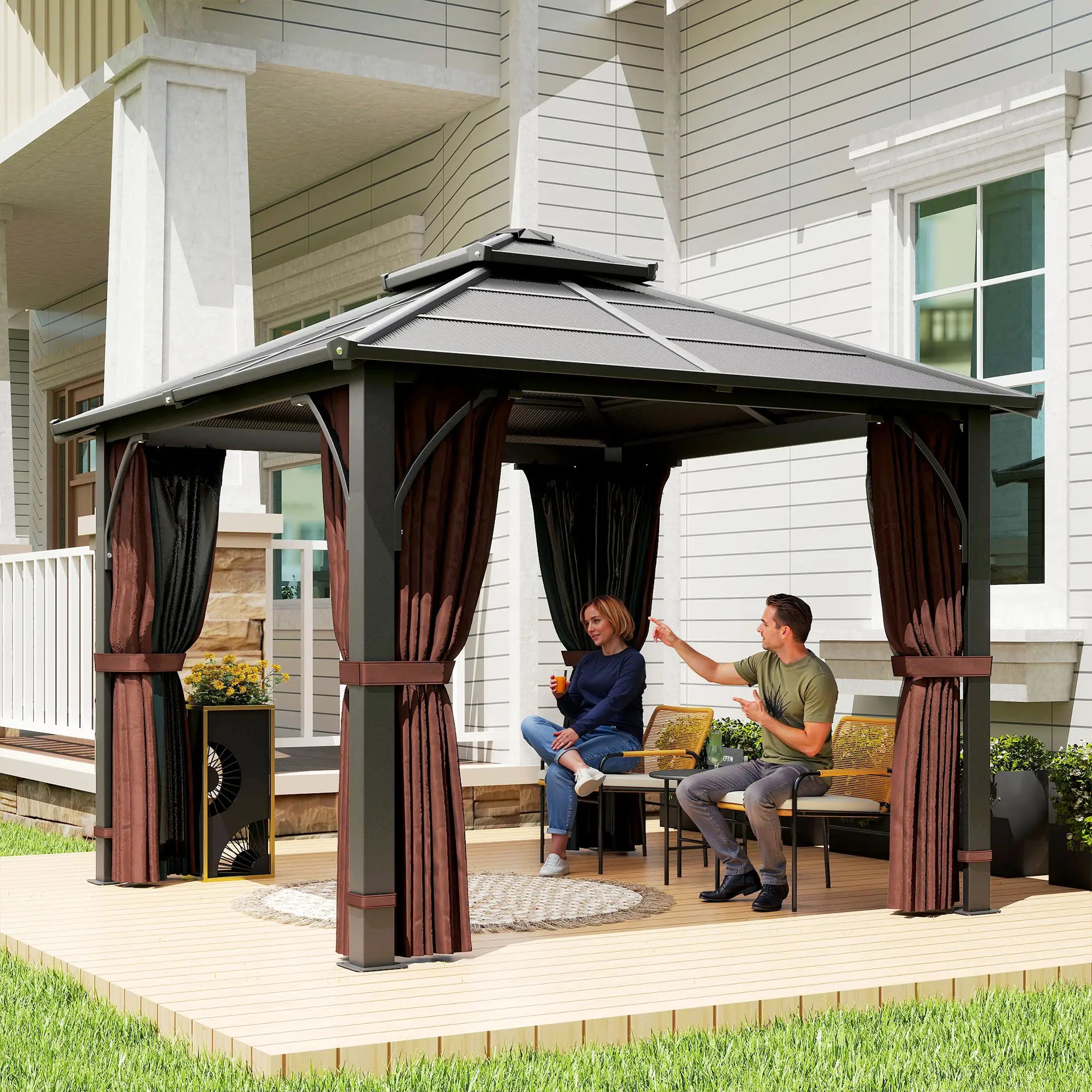 10' x 10' Hardtop Gazebo, 7mm Polycarbonate Roof, Netting And Curtains, Coffee Gazebos at Gallery Canada