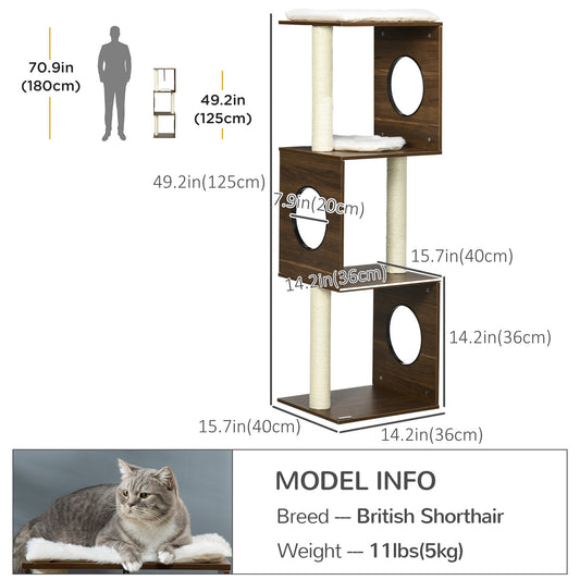 49" Cat Tree Multi-Level Kitty Tower with Scratching Posts, Perches, Cushions, Anti-toppling Device, Brown - Gallery Canada