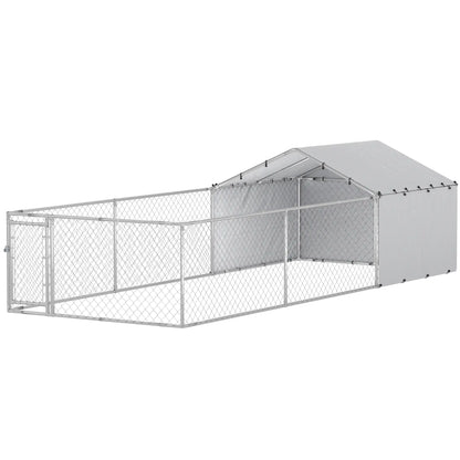 Galvanized Steel Dog Kennel, Outdoor, Waterproof UV-Resistant Cover, 19.7' x 7.5' x 4.9' Houses, Kennels & Pens Silver at Gallery Canada
