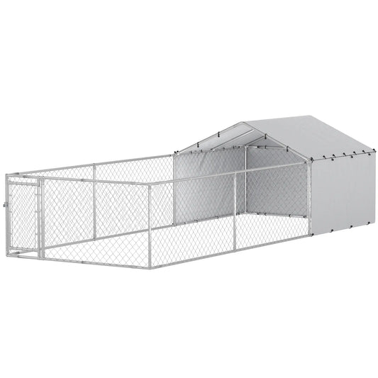 Galvanized Steel Dog Kennel, Outdoor, Waterproof UV-Resistant Cover, 19.7' x 7.5' x 4.9' Houses, Kennels & Pens Silver at Gallery Canada