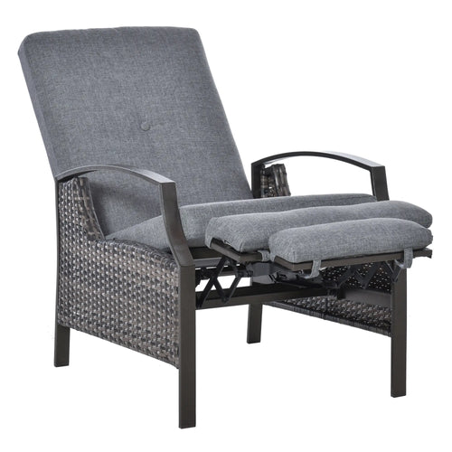 Outdoor Rattan Recliner Chair, Adjustable Back, Retractable Footrest, Grey