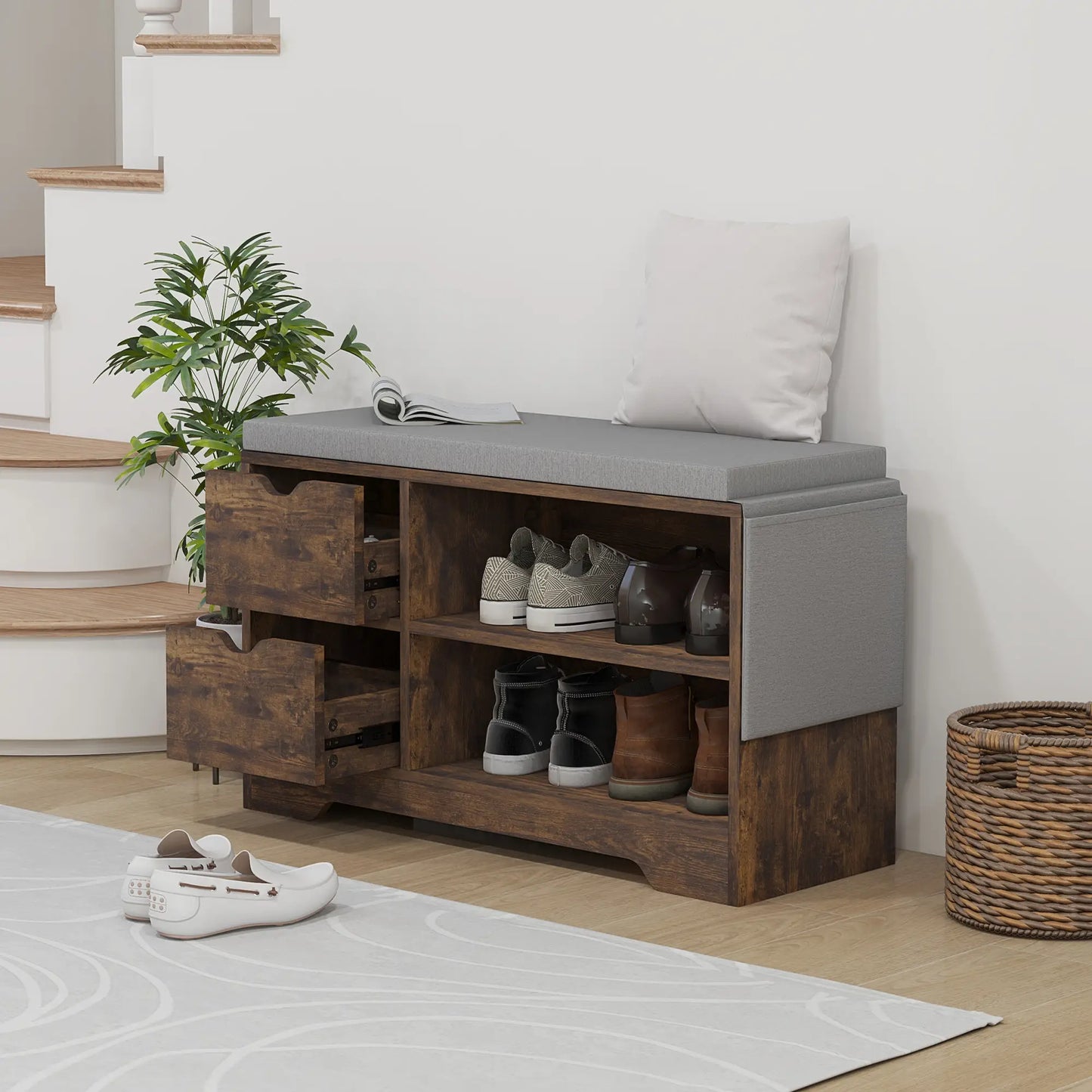 Upholstered Shoe Storage Bench, Seat w/ Drawer, Rustic Brown Shoe Storage Cabinets & Racks at Gallery Canada