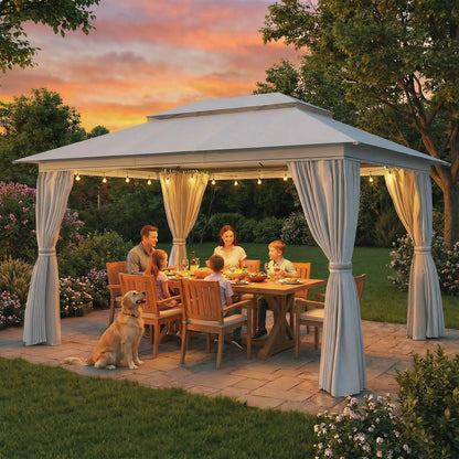 10' x 13' Patio Gazebo, UPF50+ Double Roof, Steel Frame, Dark Grey Gazebos at Gallery Canada