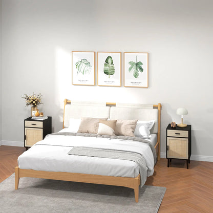 Boho Bedside Tables Set of 2, Nightstands with Drawer, Rattan Cabinet, Black Bedside Tables at Gallery Canada