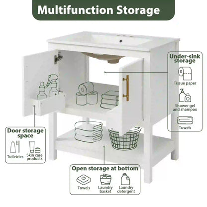 Bathroom Vanity with Ceramic Sink, Gold Handles, Soft Close Doors, 30" L x 18.5" W x 34" H, White Sink Cabinets at Gallery Canada
