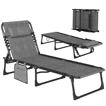 Outdoor Folding Chaise Lounge, Adjustable Backrest, Removable Pillow, Mixed Grey, Grey