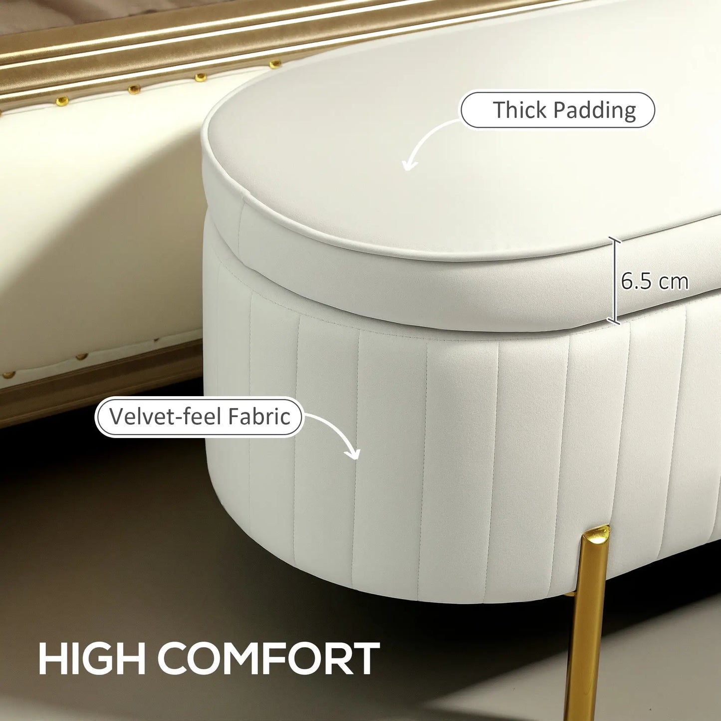 Upholstered Channel Tufted Ottoman Bench, Thick Padding, Metal Legs, Cream White Storage Ottomans & Benches at Gallery Canada