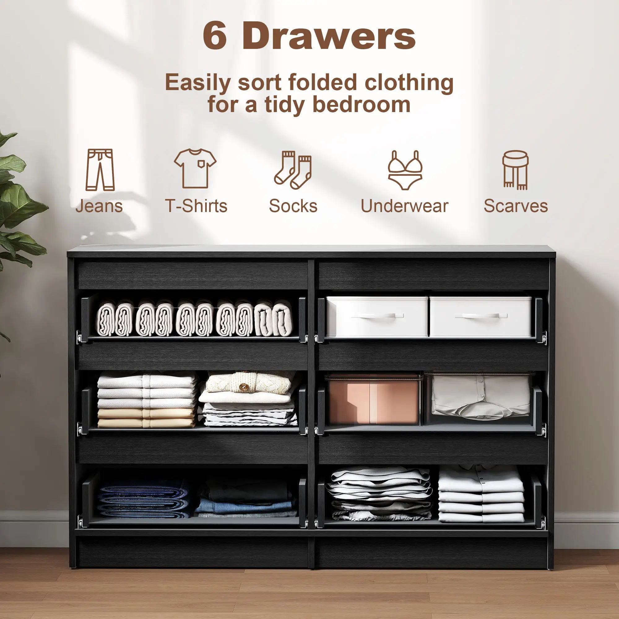 Wide 6 Drawer Dresser, Modern Clothes Storage Organizer, Black Storage Cabinets at Gallery Canada