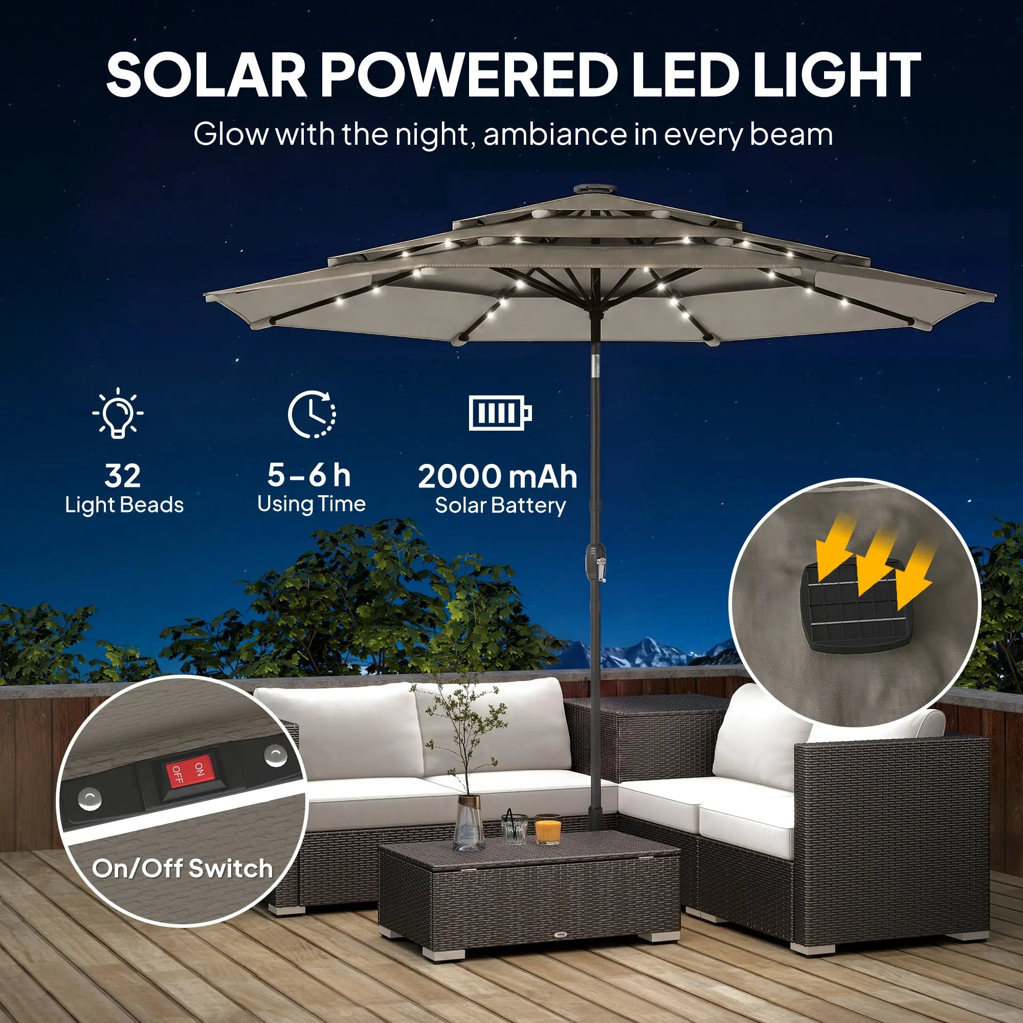 9.3 ft Outdoor Patio Umbrella, Solar LED Lights, Cover, Grey Sun Umbrellas at Gallery Canada