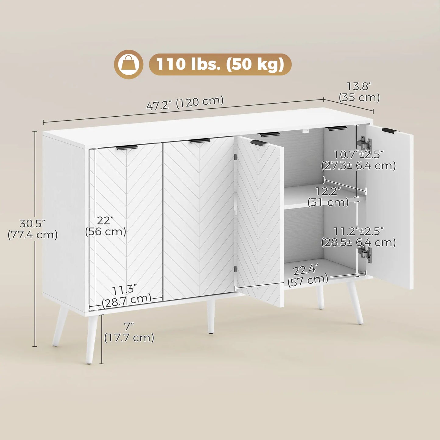 Modern Sideboard and Buffet, Dining Room Cabinet with Adjustable Shelves and 4 Doors, White