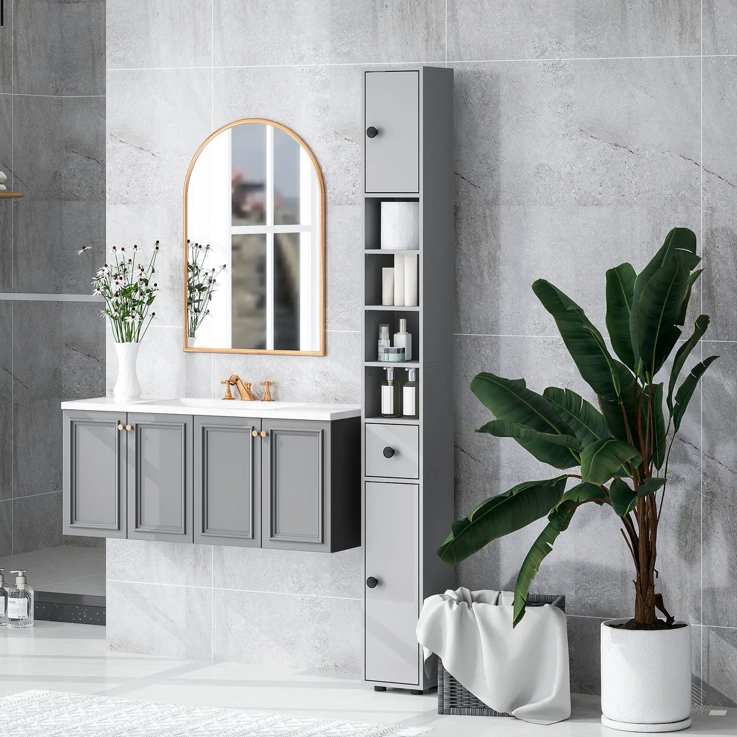 71" Tall Bathroom Cabinet, Narrow Toilet Paper Storage, 2 Door, Adjustable Shelves, Grey Bathroom Cabinets at Gallery Canada
