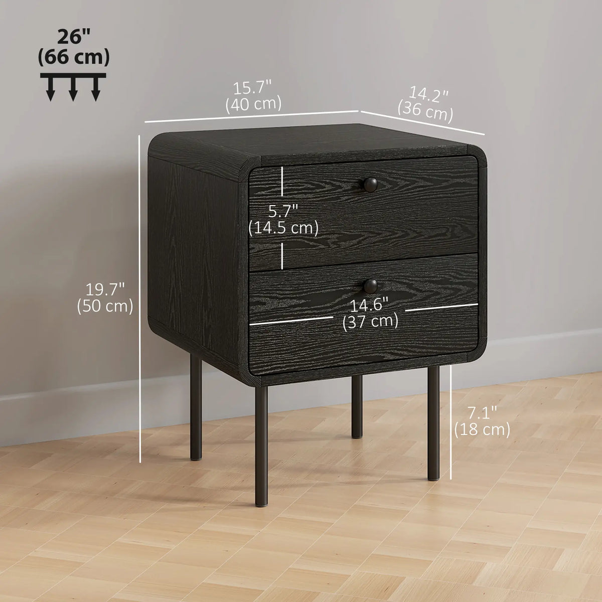 Tables de chevet modernes lot de 2, 2 tiroirs, pieds en acier, grain de bois noir, noir