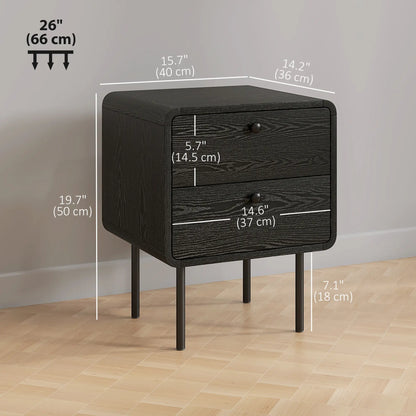 Tables de chevet modernes lot de 2, 2 tiroirs, pieds en acier, grain de bois noir, noir