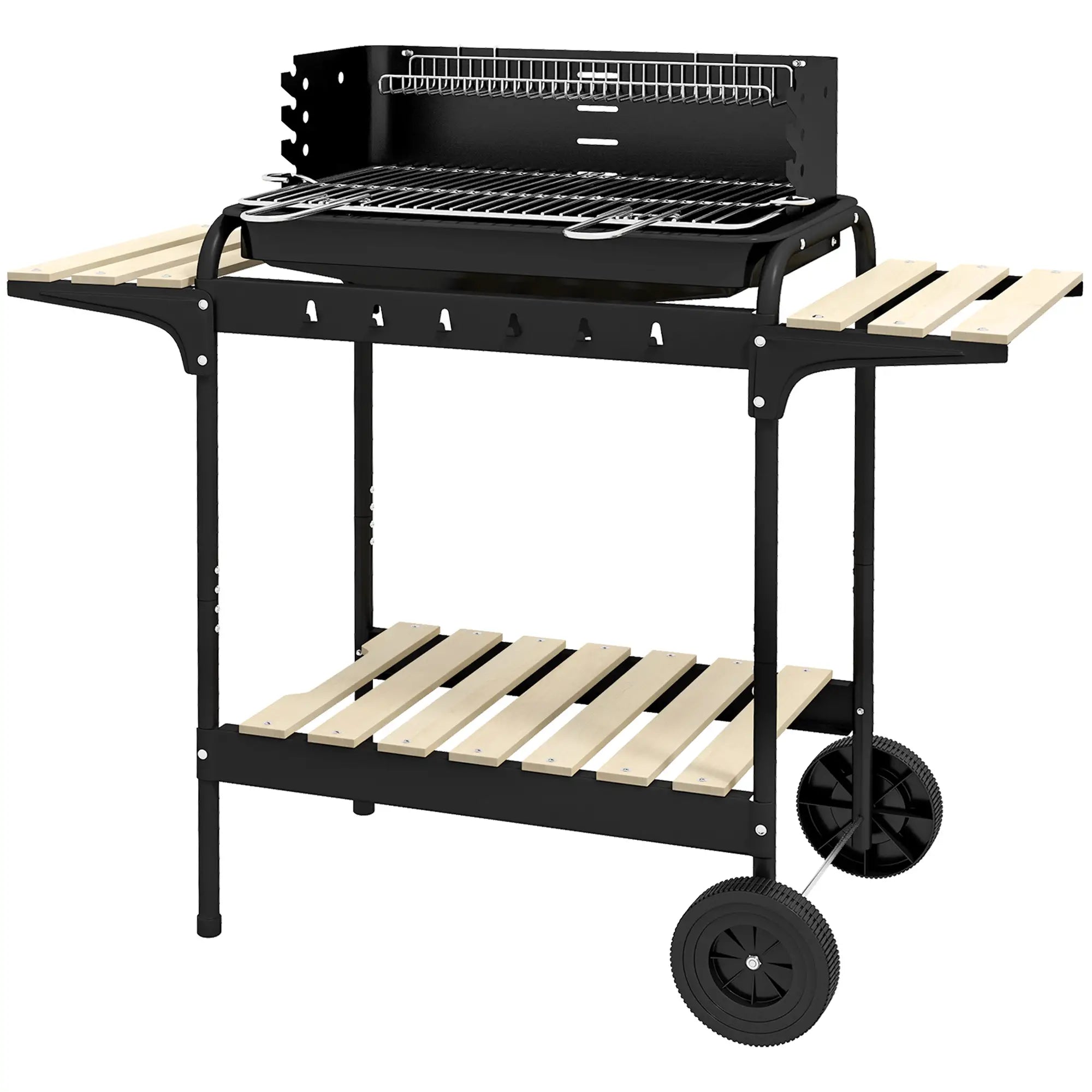 Charcoal Barbecue Grill, Adjustable Height, Portable Trolley With Ash Catcher, Wheels, Black