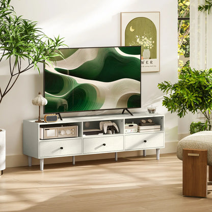 Support TV pour 75 Pouces, 3 Étagères de Rangement, 3 Tiroirs, Blanc