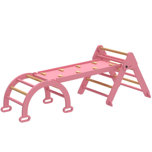7-in-1 Pikler Triangle Set, Foldable Wooden Climbing Toys, Pink