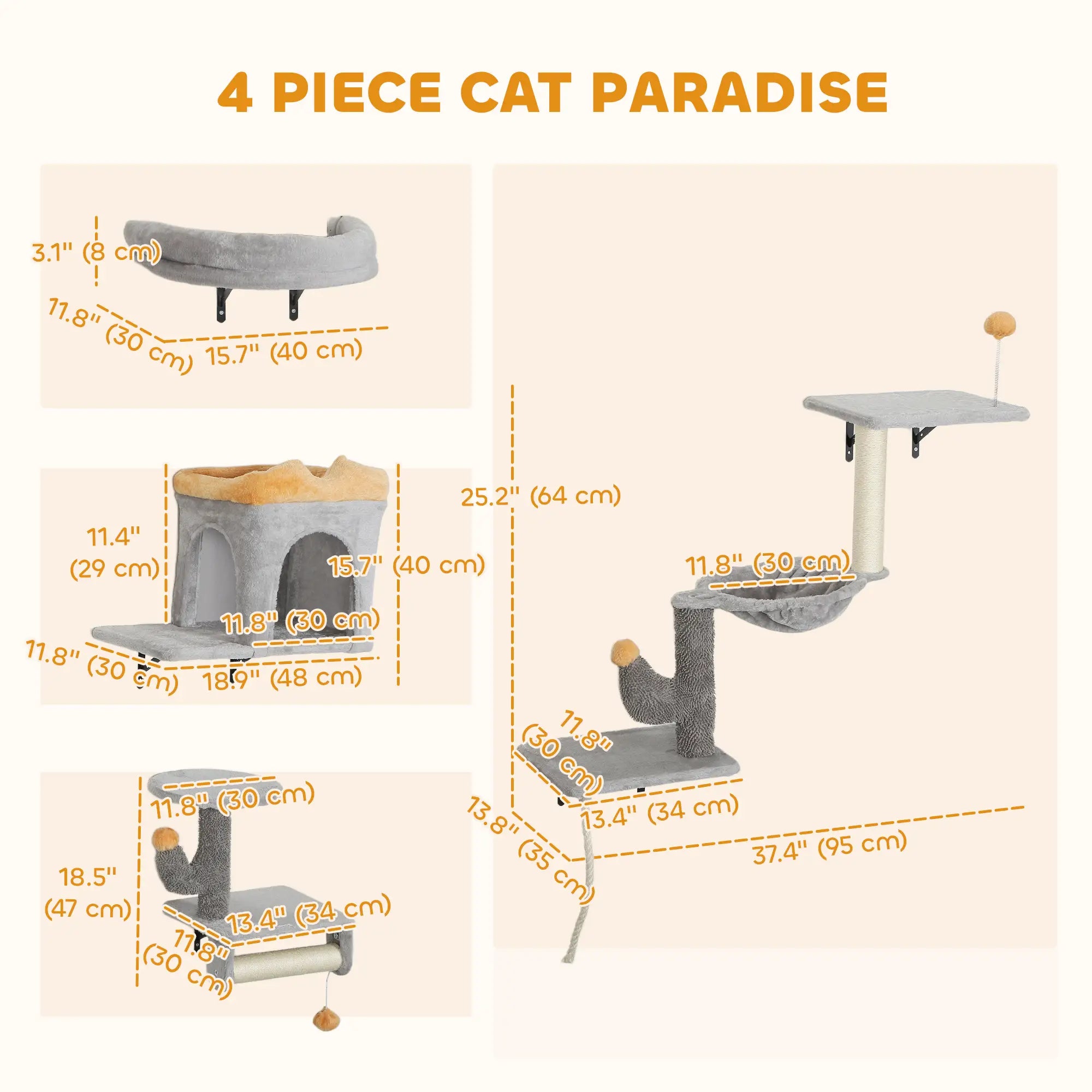 Cat Wall Shelves, 4 Pcs Set with Scratching Posts, Condo, Hammock, Perchs, Light Grey Cat Climbing Wall at Gallery Canada