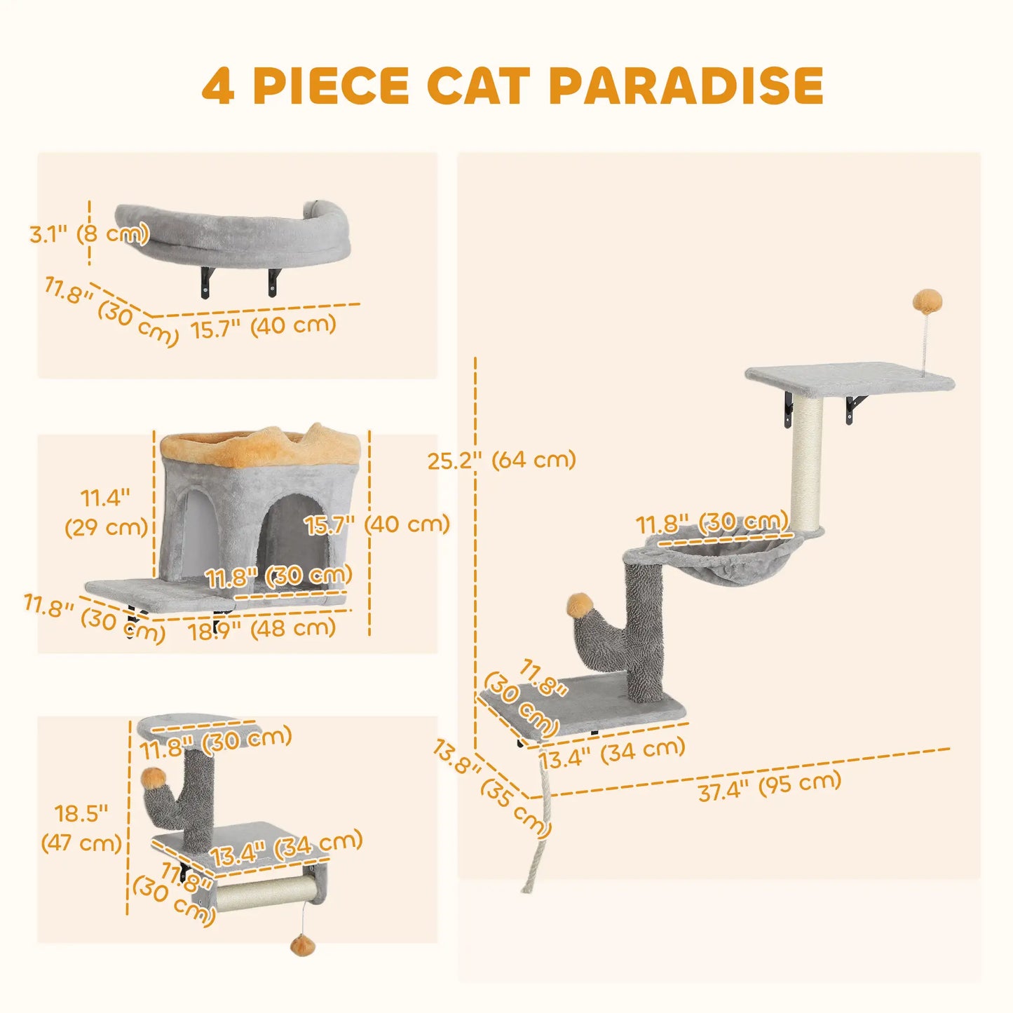 Cat Wall Shelves, 4 Pcs Set with Scratching Posts, Condo, Hammock, Perchs, Light Grey Cat Climbing Wall at Gallery Canada