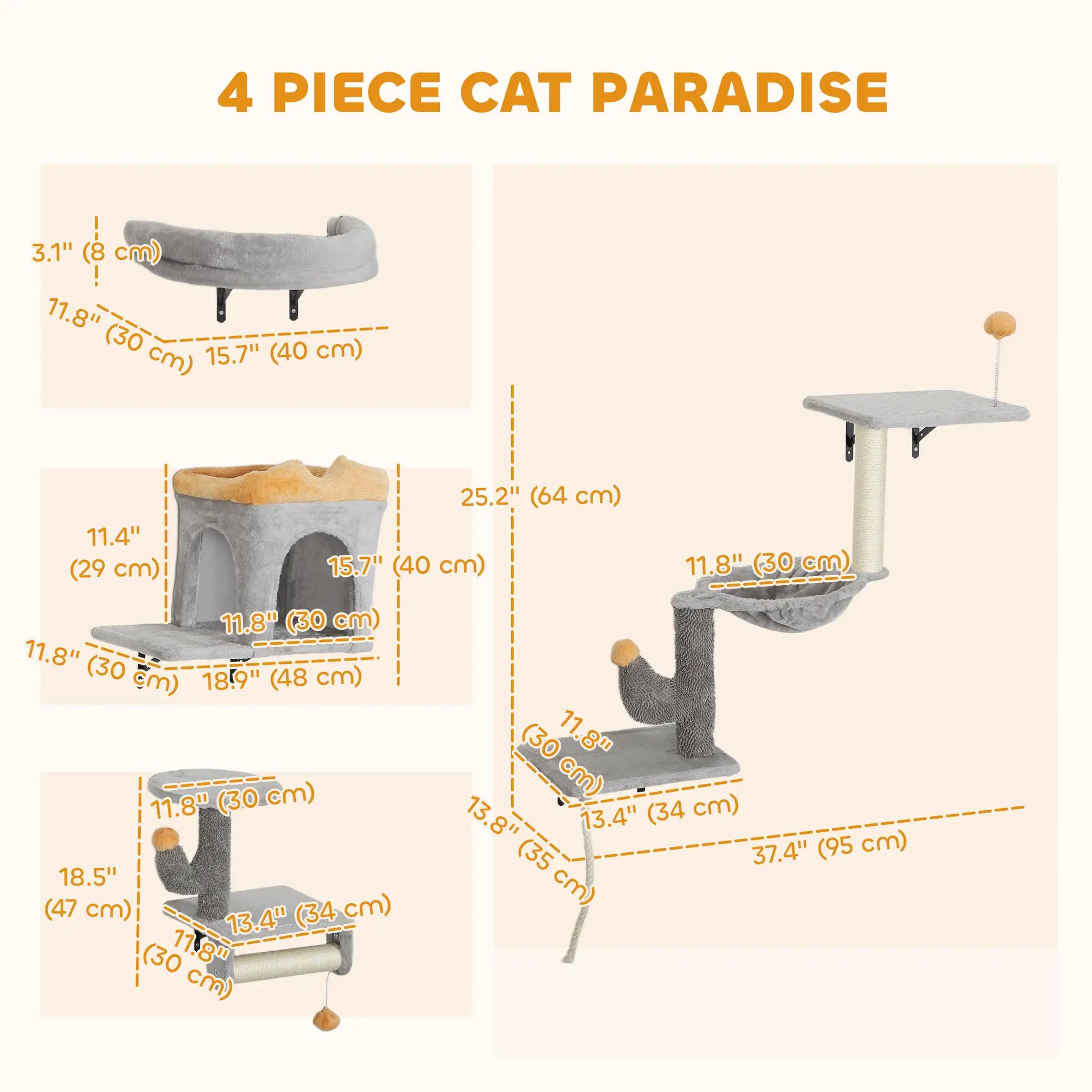 Cat Wall Shelves, 4 Pcs Set with Scratching Posts, Condo, Hammock, Perchs, Light Grey Cat Climbing Wall at Gallery Canada