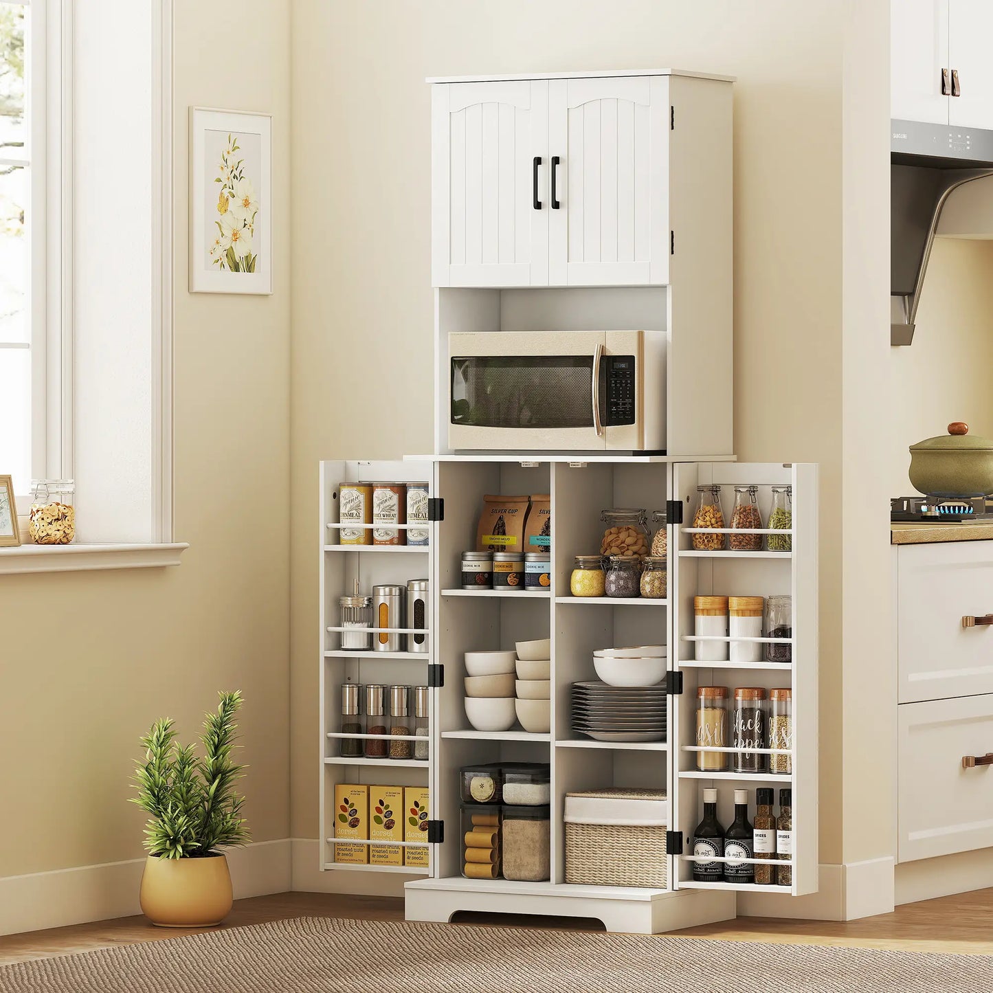 71.5" Tall Pantry Cabinet, Farmhouse Kitchen Storage, Adjustable Shelves, White Kitchen Pantry Cabinets at Gallery Canada