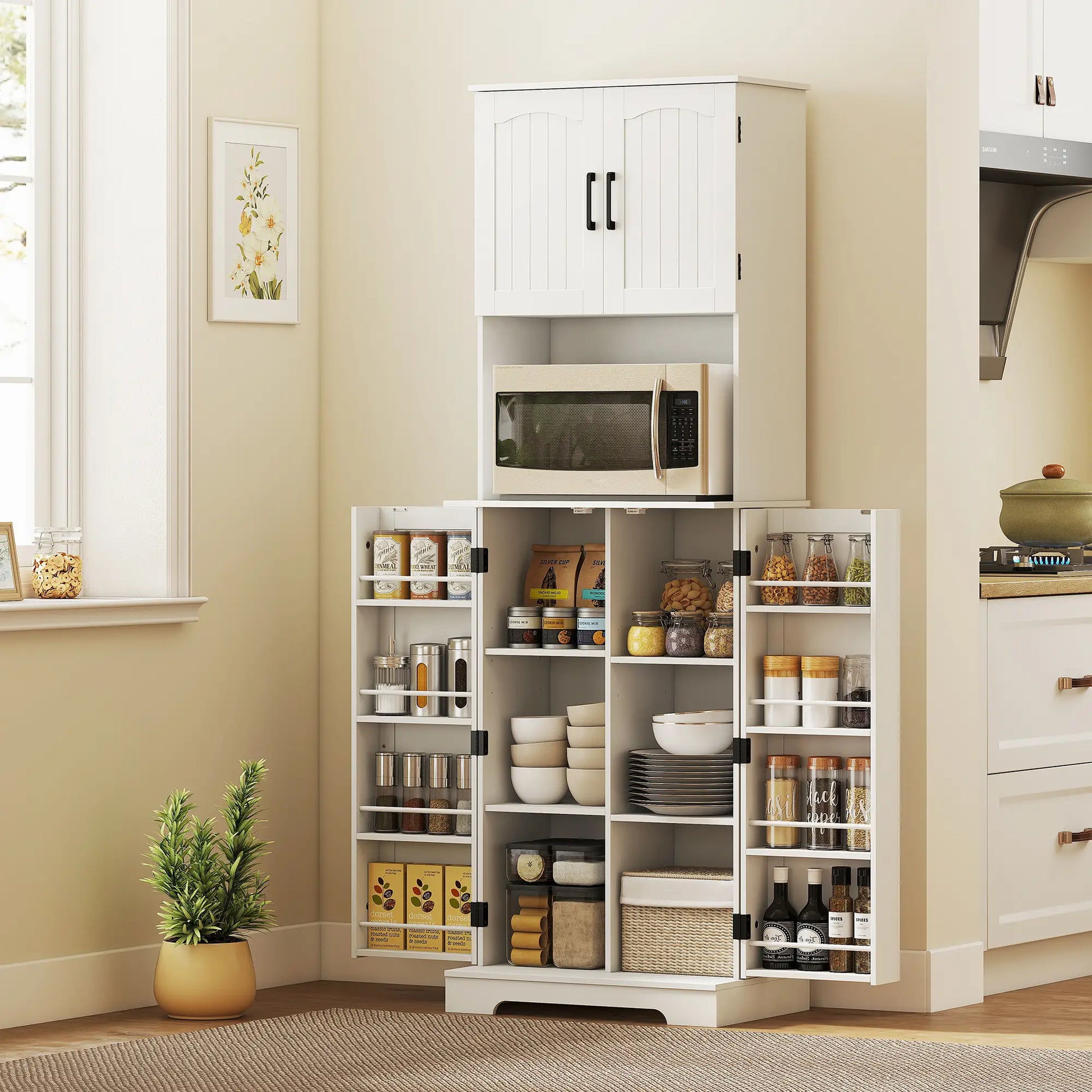 71.5" Tall Pantry Cabinet, Farmhouse Kitchen Storage, Adjustable Shelves, White Kitchen Pantry Cabinets at Gallery Canada