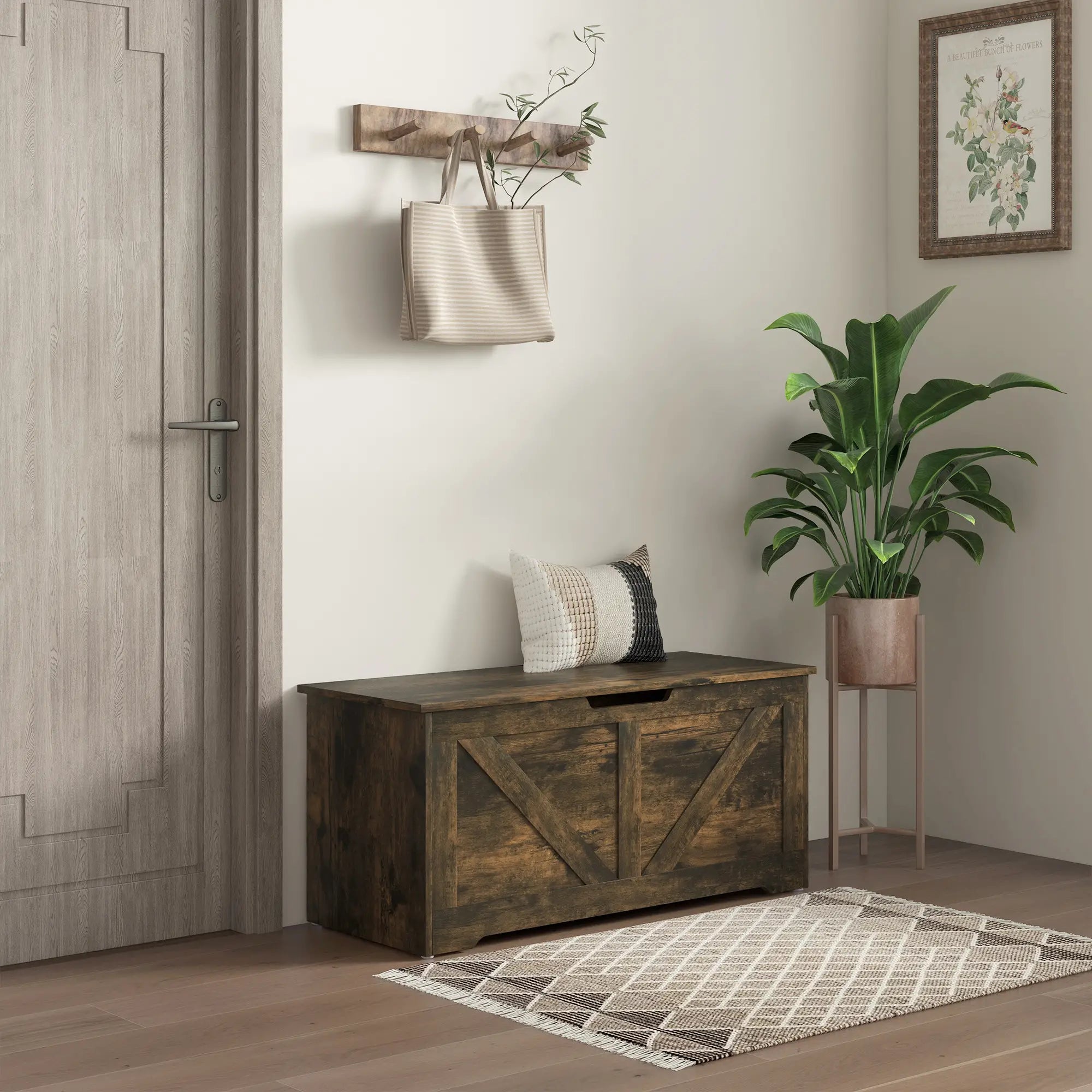 39.4 Inches Wooden Storage Chest, 2 Safety Hinges, Brown Wood Grain Storage Cabinets at Gallery Canada